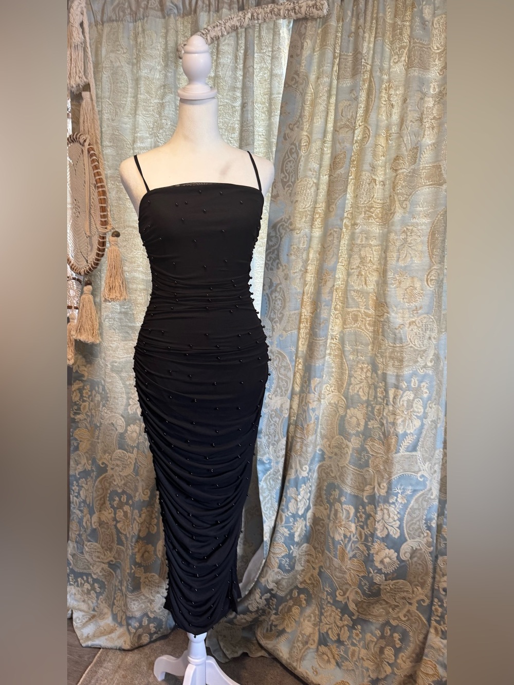 Papermoon Classic Black Ruched Midi Dress with Bead Detail